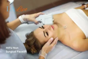 Woman having Hi-Fu to reduce wrinkles Manchester.
