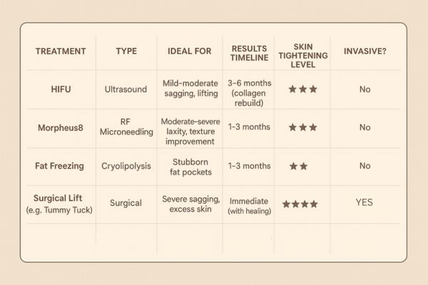 Table showing the comparisons of Skin tightening Manchester treatment options. 